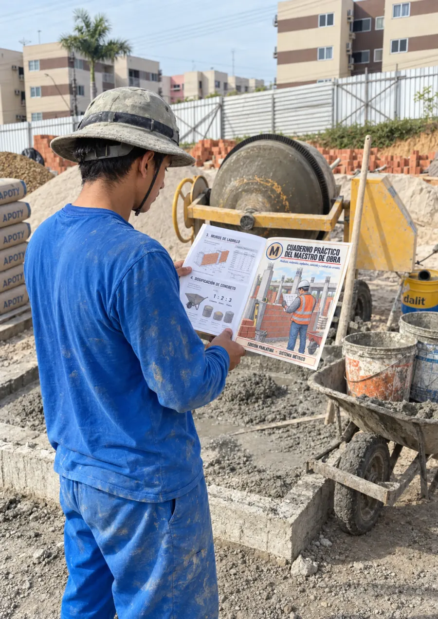Profesional consultando el material impreso en la obra